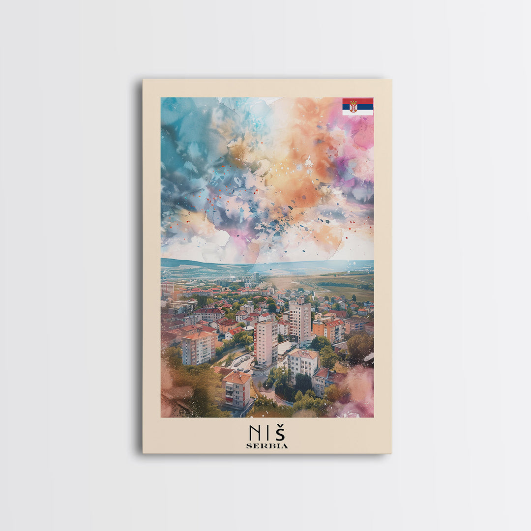 Nis Serbia Framed Canvas Print, Historic Travel Poster, Watercolor Painting, Wall Art, Home Decor, Serbian Culture, Vintage Art