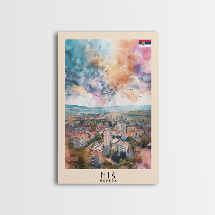 Nis Serbia Framed Canvas Print, Historic Travel Poster, Watercolor Painting, Wall Art, Home Decor, Serbian Culture, Vintage Art