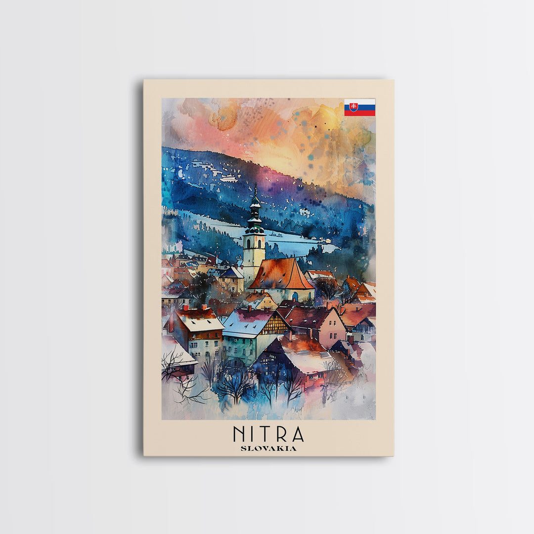 Nitra Slovakia Framed Canvas Print, Scenic Travel Poster, Watercolor Painting, Wall Art, Home Decor, Slovakian Landscape, Modern Art