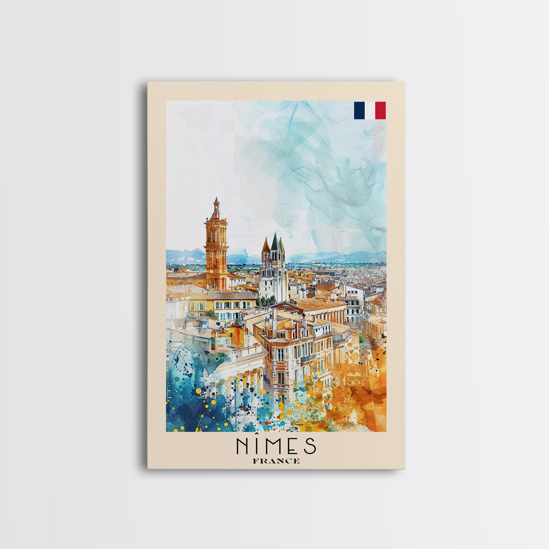 Nîmes France Framed Canvas Print, Historic Travel Poster, Watercolor Painting, Wall Art, Home Decor, French Architecture, Vintage Style