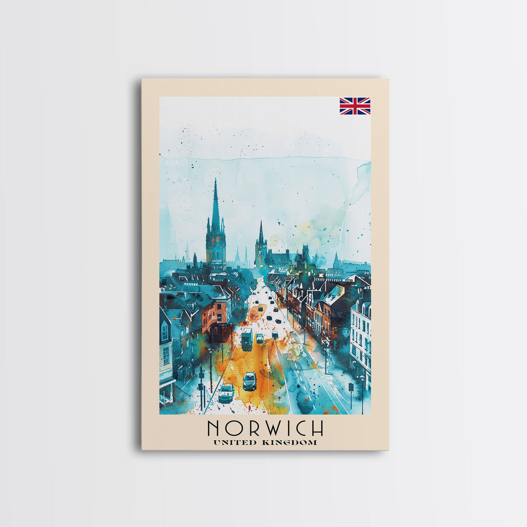 Norwich United Kingdom Travel Poster Framed Canvas Print, Watercolor Painting, Historic Wall Art, Home Decor, British Architecture, Artistic Decor