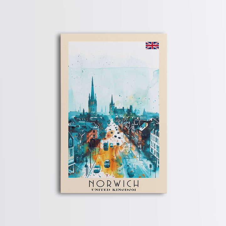 Norwich United Kingdom Travel Poster Framed Canvas Print, Watercolor Painting, Historic Wall Art, Home Decor, British Architecture, Artistic Decor