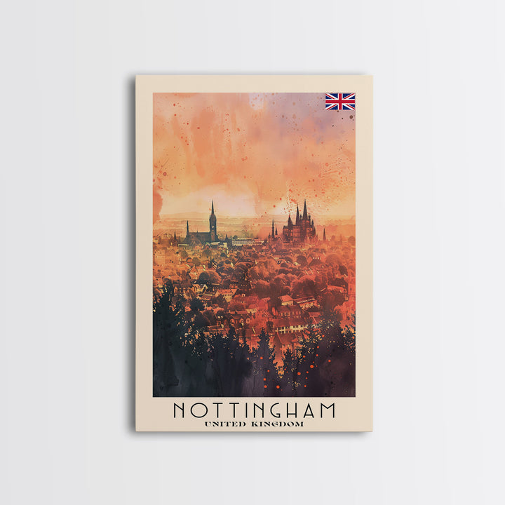 Nottingham United Kingdom Travel Poster Framed Canvas Print, Watercolor Painting, Scenic Wall Art, Home Decor, British Cityscape, Modern Art