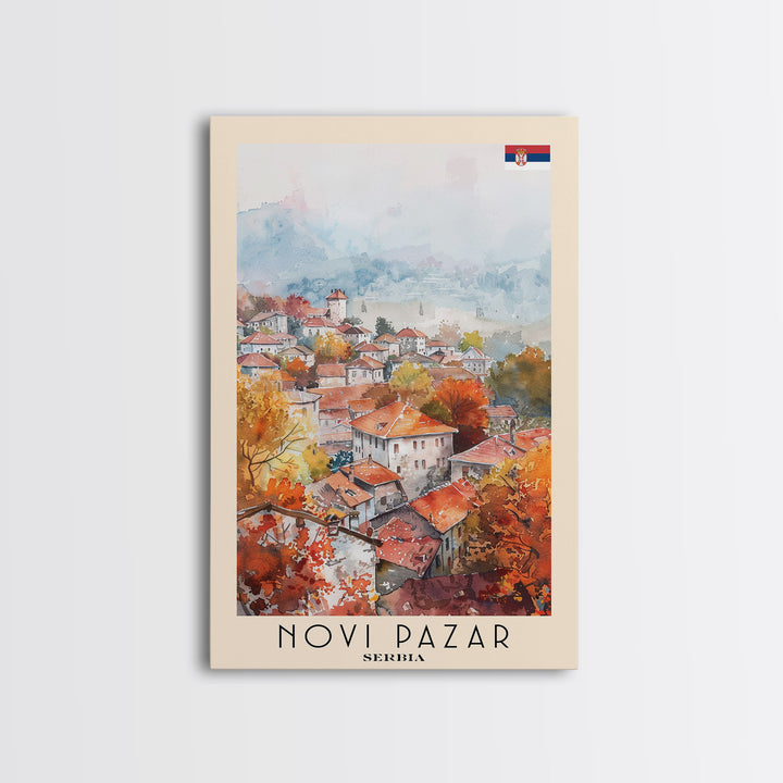 Novi Pazar Serbia Travel Poster Framed Canvas Print, Watercolor Painting, Scenic Wall Art, Home Decor, Serbian Landscape, Cultural Art