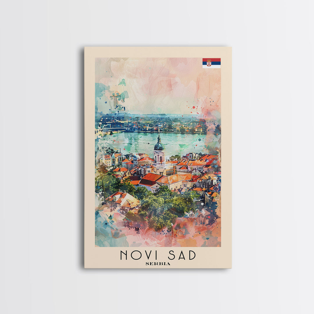 Novi Sad Serbia Travel Poster Framed Canvas Print, Watercolor Painting, Scenic Wall Art, Home Decor, Serbian Cityscape, Historic Art