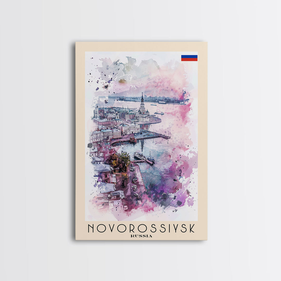 Novorossiysk Russia Travel Poster Framed Canvas Print, Watercolor Painting, Scenic Wall Art, Home Decor, Russian Coastal Scene, Classic Art