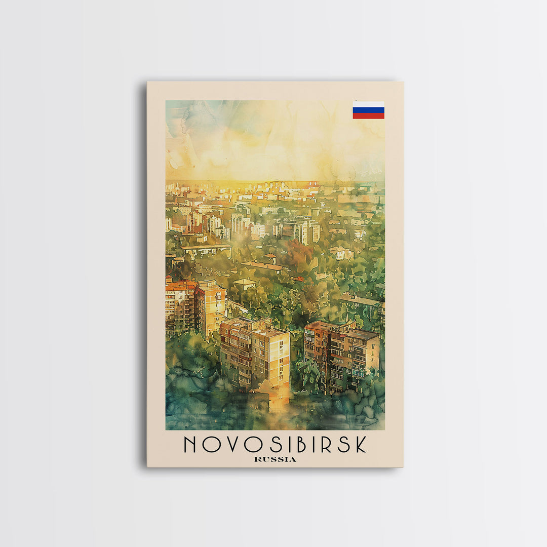 Novosibirsk Russia Travel Poster Framed Canvas Print, Watercolor Painting, Urban Wall Art, Home Decor, Russian Cityscape, Contemporary Art