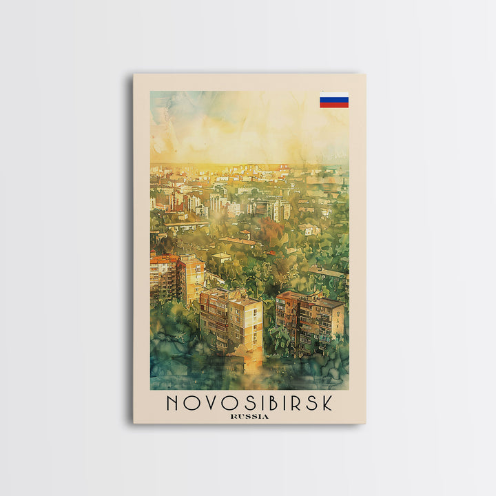 Novosibirsk Russia Travel Poster Framed Canvas Print, Watercolor Painting, Urban Wall Art, Home Decor, Russian Cityscape, Contemporary Art