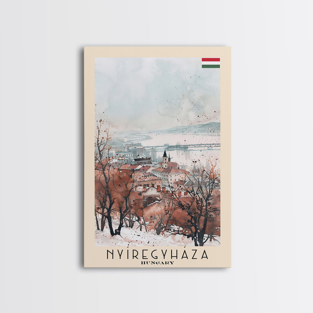 Nyiregyhaza Hungary Travel Poster Framed Canvas Print, Watercolor Painting, Scenic Wall Art, Home Decor, Hungarian Landscape, Rustic Art