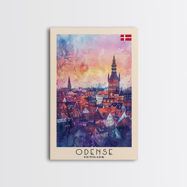 Odense Denmark Travel Poster Framed Canvas Print, Watercolor Painting, Scenic Wall Art, Home Decor, Danish Cityscape, Artistic Decor