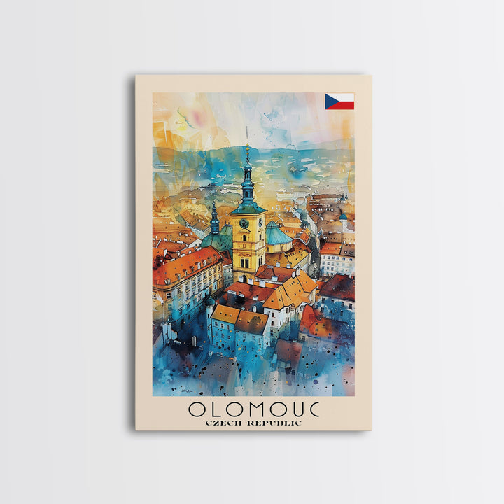 Olomouc Czech Travel Poster Framed Canvas Print, Watercolor Painting, Historic Wall Art, Home Decor, Czech Architecture, Vintage Style