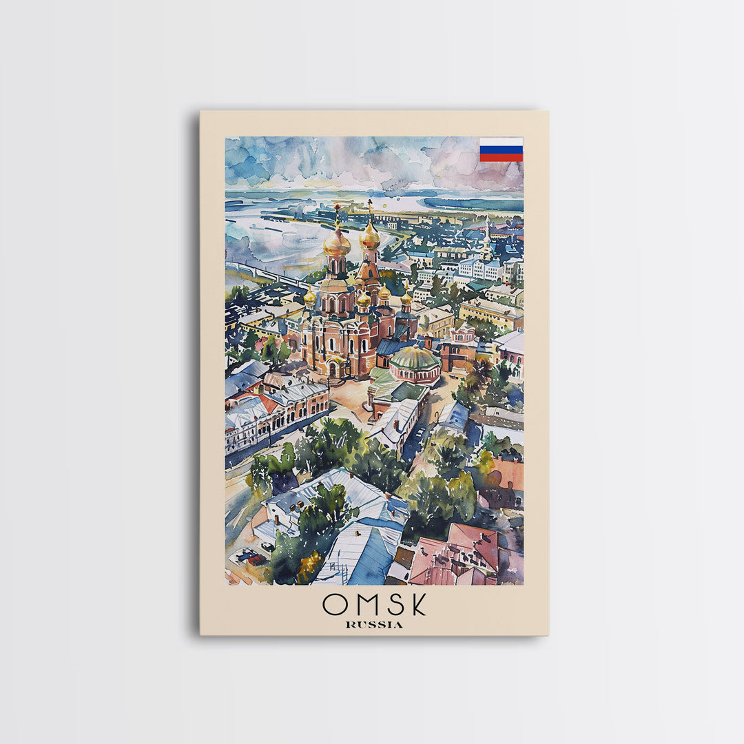 Omsk Russia Travel Poster Framed Canvas Print, Watercolor Painting, Urban Wall Art, Home Decor, Russian Cityscape, Modern Art