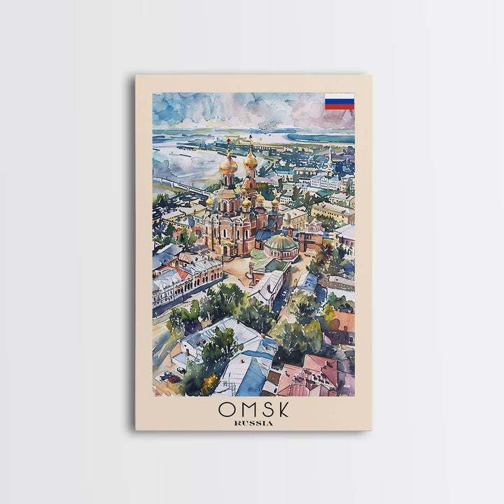 Omsk Russia Travel Poster Framed Canvas Print, Watercolor Painting, Urban Wall Art, Home Decor, Russian Cityscape, Modern Art