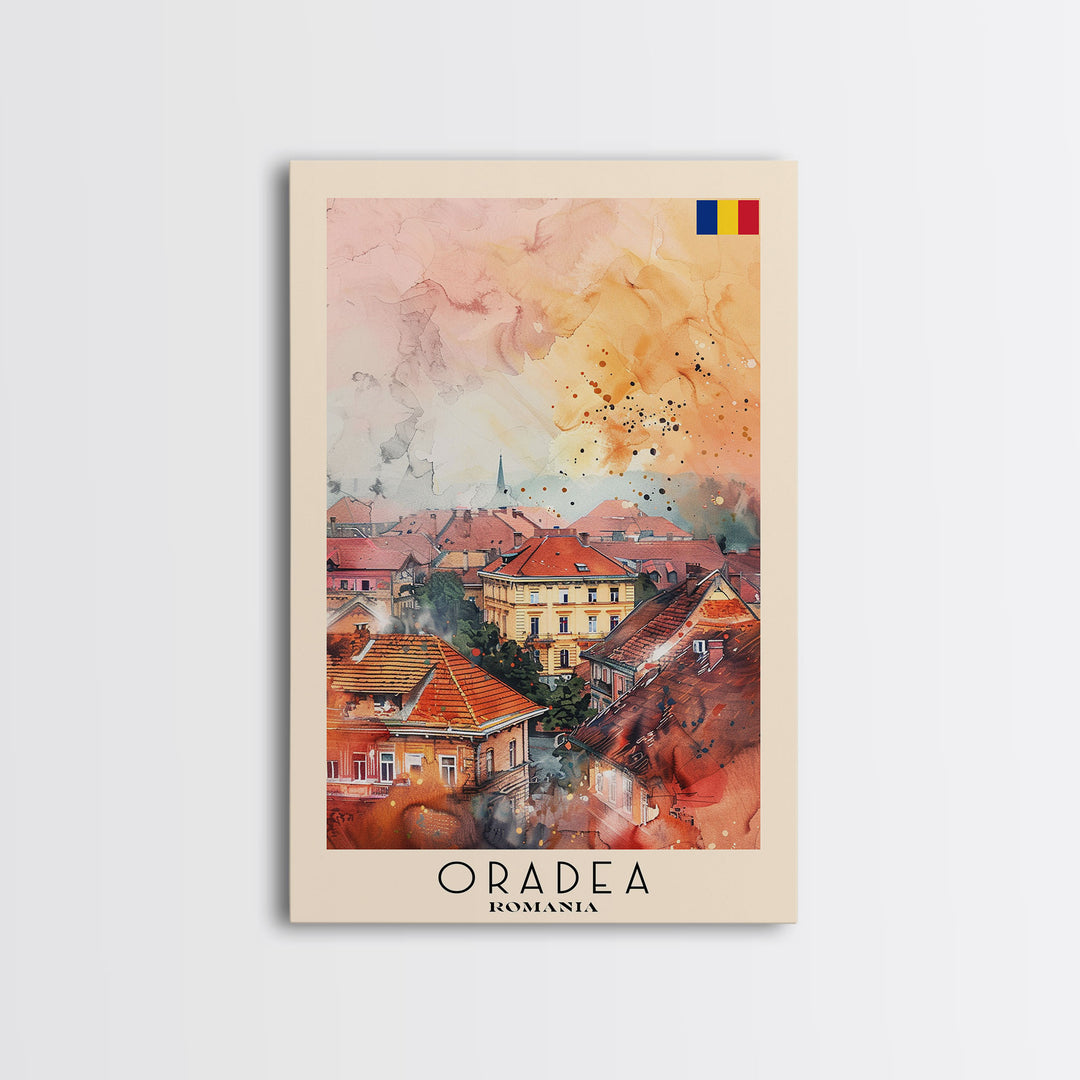 Oradea Romania Travel Poster Framed Canvas Print, Watercolor Painting, Scenic Wall Art, Home Decor, Romanian Architecture, Artistic Decor