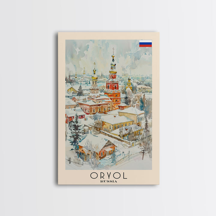 Oryol Russia Travel Poster Framed Canvas Print, Watercolor Painting, Scenic Wall Art, Home Decor, Russian Landscape, Vintage Style