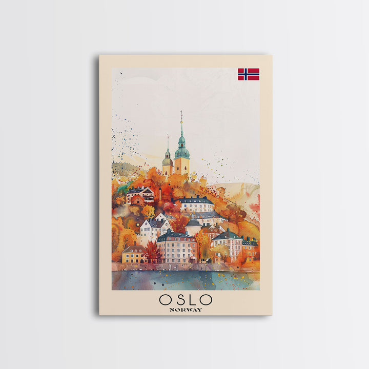 Oslo Norway Travel Poster Framed Canvas Print, Watercolor Painting, Scenic Wall Art, Home Decor, Norwegian Cityscape, Modern Decor