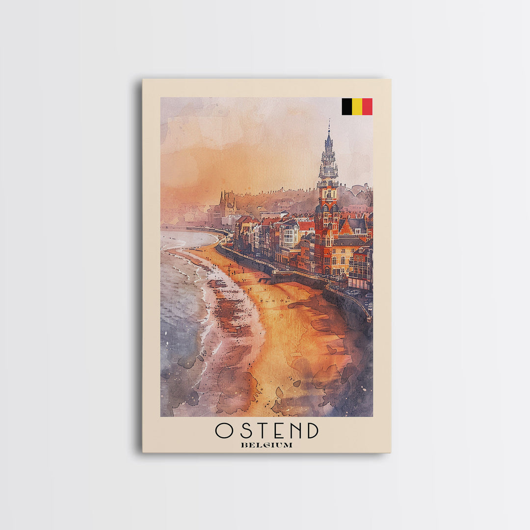 Ostend Belgium Travel Poster Framed Canvas Print, Watercolor Painting, Coastal Wall Art, Home Decor, Belgian Seaside, Vibrant Art