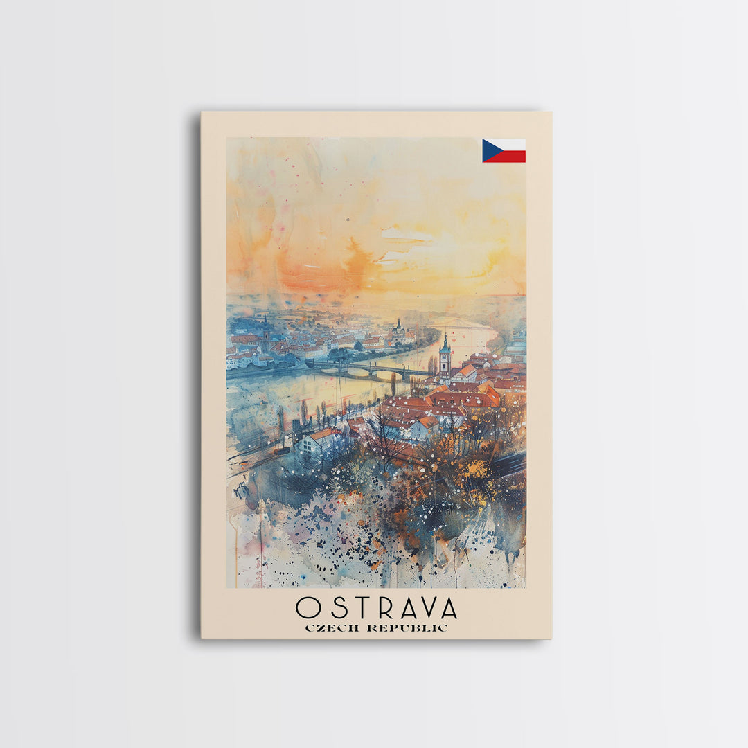 Ostrava Czech Travel Poster Framed Canvas Print, Watercolor Painting, Urban Wall Art, Home Decor, Czech Cityscape, Vintage Style