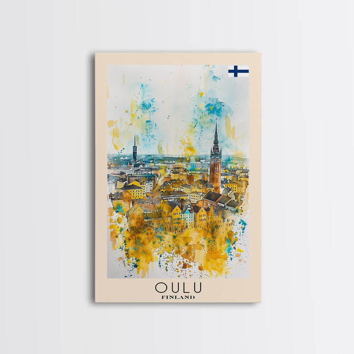 Oulu Finland Travel Poster Framed Canvas Print, Watercolor Painting, Scenic Wall Art, Home Decor, Finnish Landscape, Artistic Decor