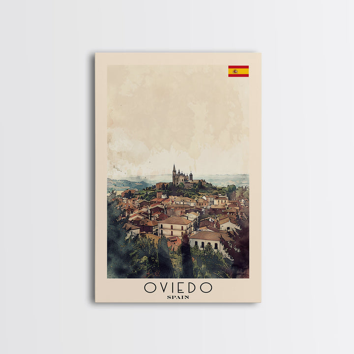 Oviedo Spain Travel Poster Framed Canvas Print, Watercolor Painting, Scenic Wall Art, Home Decor, Spanish Cityscape, Classic Art