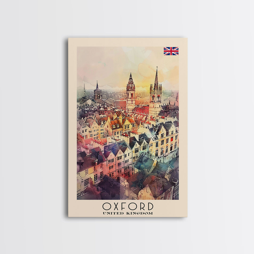 Oxford United Kingdom Travel Poster Framed Canvas Print, Watercolor Painting, Historic Wall Art, Home Decor, British Architecture, Artistic Decor
