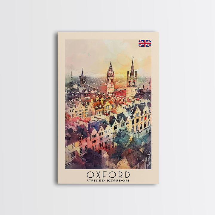 Oxford United Kingdom Travel Poster Framed Canvas Print, Watercolor Painting, Historic Wall Art, Home Decor, British Architecture, Artistic Decor