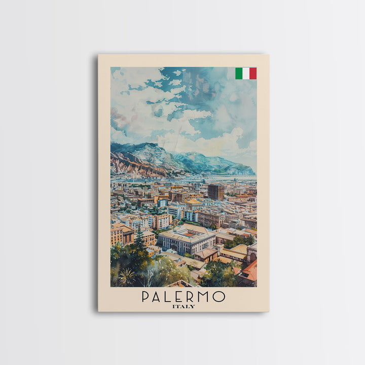 Palermo Italy Travel Poster Framed Canvas Print, Watercolor Painting, Coastal Wall Art, Home Decor, Italian Seaside, Vibrant Art