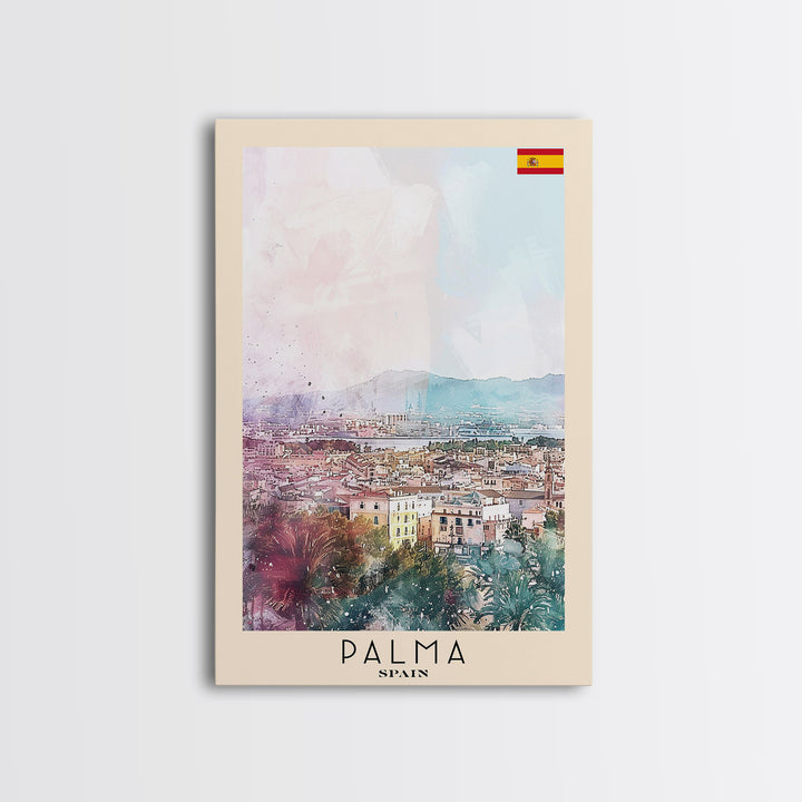 Palma Spain Travel Poster Framed Canvas Print, Watercolor Painting, Scenic Wall Art, Home Decor, Spanish Landscape, Minimalist Art