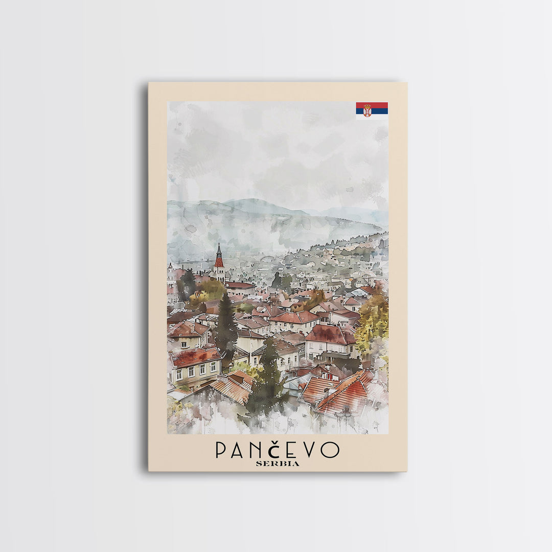 Panevo Serbia Travel Poster Framed Canvas Print, Watercolor Painting, Scenic Wall Art, Home Decor, Serbian Landscape, Modern Decor