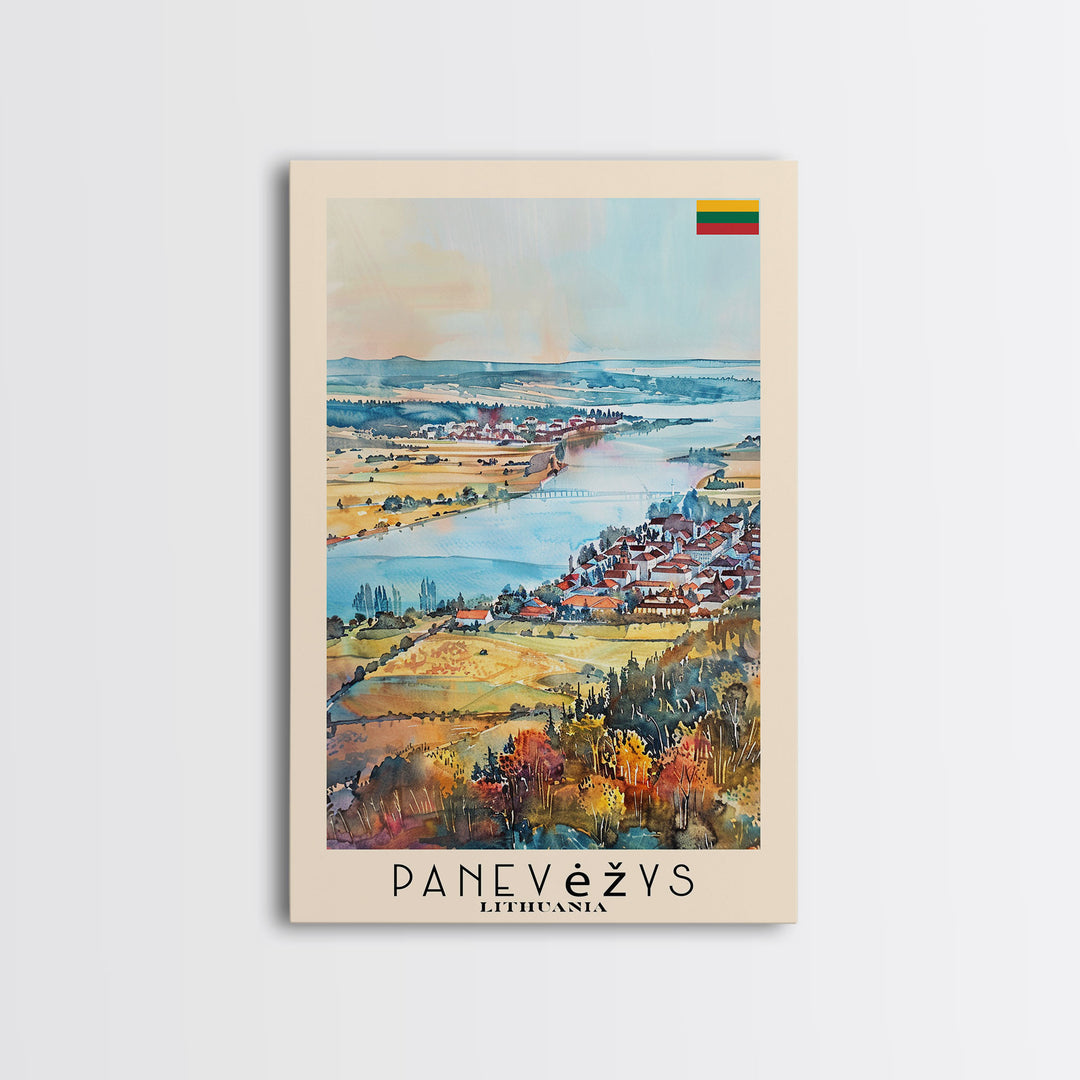 Panevys Lithuania Travel Poster Framed Canvas Print, Watercolor Painting, Scenic Wall Art, Home Decor, Lithuanian Cityscape, Artistic Decor