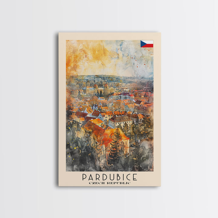 Pardubice Czech Travel Poster Framed Canvas Print, Watercolor Painting, Urban Wall Art, Home Decor, Czech Architecture, Vintage Style