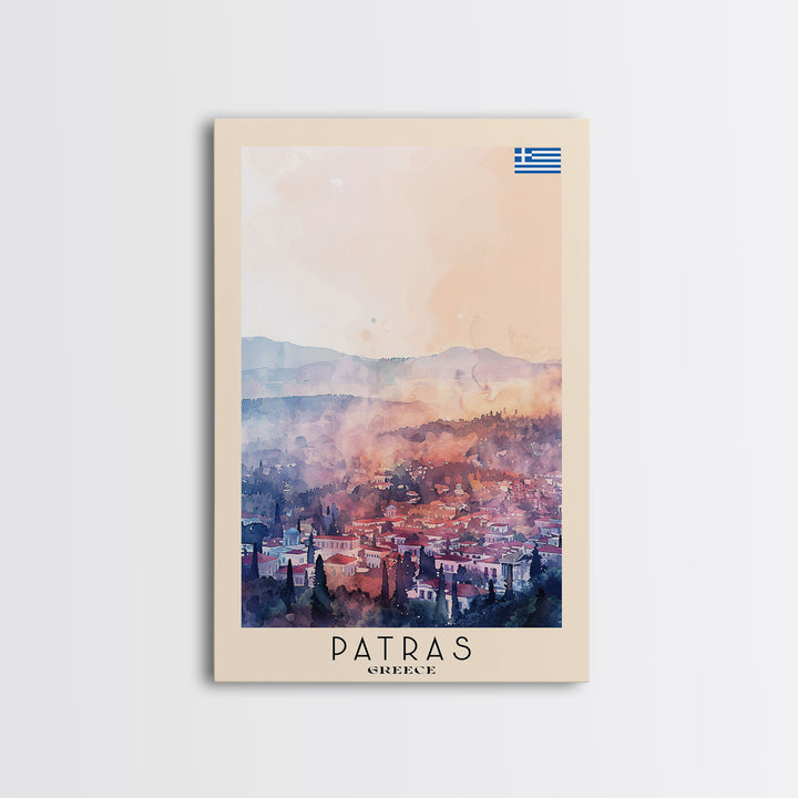 Patras Greece Travel Poster Framed Canvas Print, Watercolor Painting, Scenic Wall Art, Home Decor, Greek Seaside, Vibrant Art