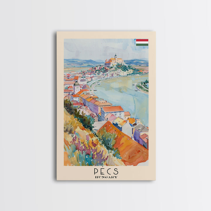 Pecs Hungary Travel Poster Framed Canvas Print, Watercolor Painting, Scenic Wall Art, Home Decor, Hungarian Cityscape, Minimalist Art