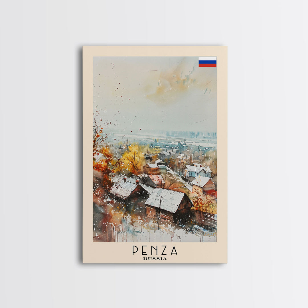 Penza Russia Travel Poster Framed Canvas Print, Watercolor Painting, Urban Wall Art, Home Decor, Russian Cityscape, Contemporary Art