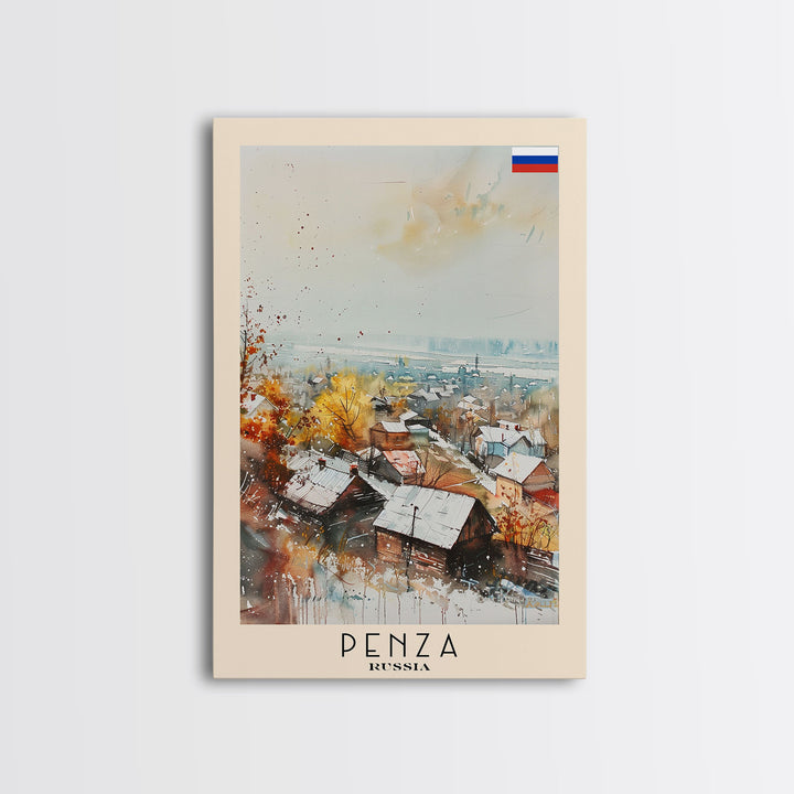 Penza Russia Travel Poster Framed Canvas Print, Watercolor Painting, Urban Wall Art, Home Decor, Russian Cityscape, Contemporary Art
