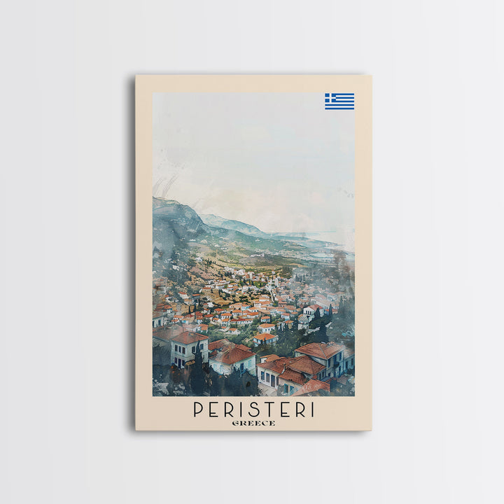 Peristeri Greece Travel Poster Framed Canvas Print, Watercolor Painting, Scenic Wall Art, Home Decor, Greek Landscape, Classic Art
