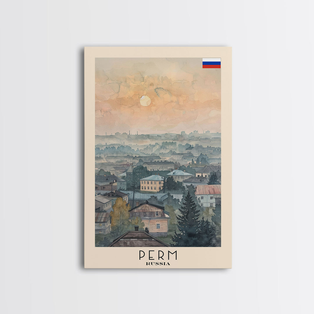 Perm Russia Travel Poster Framed Canvas Print, Watercolor Painting, Scenic Wall Art, Home Decor, Russian Landscape, Urban Art