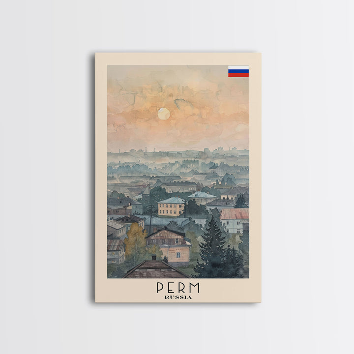 Perm Russia Travel Poster Framed Canvas Print, Watercolor Painting, Scenic Wall Art, Home Decor, Russian Landscape, Urban Art