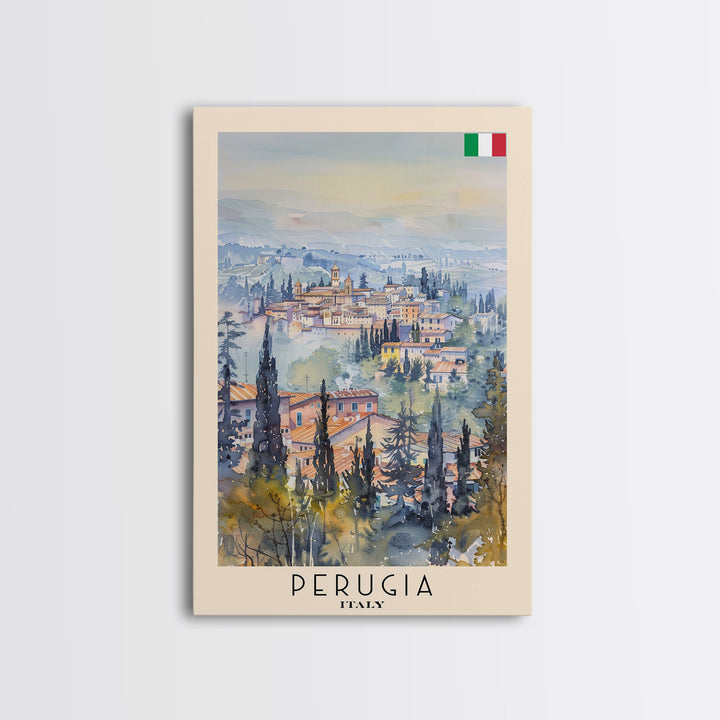 Perugia Italy Travel Poster Framed Canvas Print, Watercolor Painting, Scenic Wall Art, Home Decor, Italian Cityscape, Classic Art