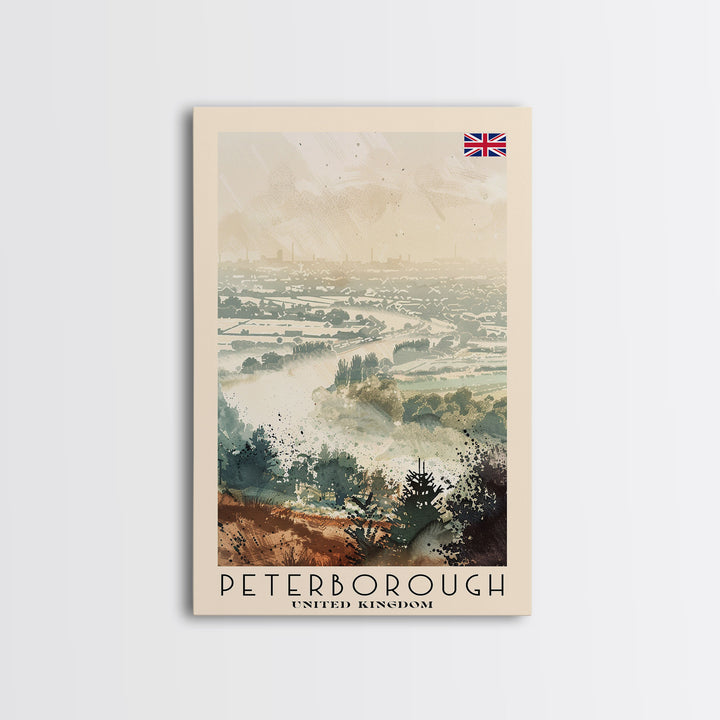 Peterborough United Kingdom Travel Poster Framed Canvas Print, Watercolor Painting, Historic Wall Art, Home Decor, British Architecture, Artistic Decor