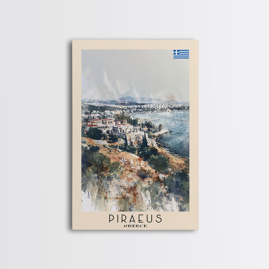 Piraeus Greece Travel Poster Framed Canvas Print, Watercolor Painting, Coastal Wall Art, Home Decor, Greek Seaside, Vibrant Art
