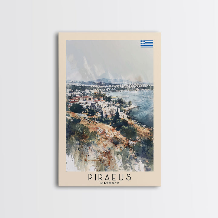 Piraeus Greece Travel Poster Framed Canvas Print, Watercolor Painting, Coastal Wall Art, Home Decor, Greek Seaside, Vibrant Art
