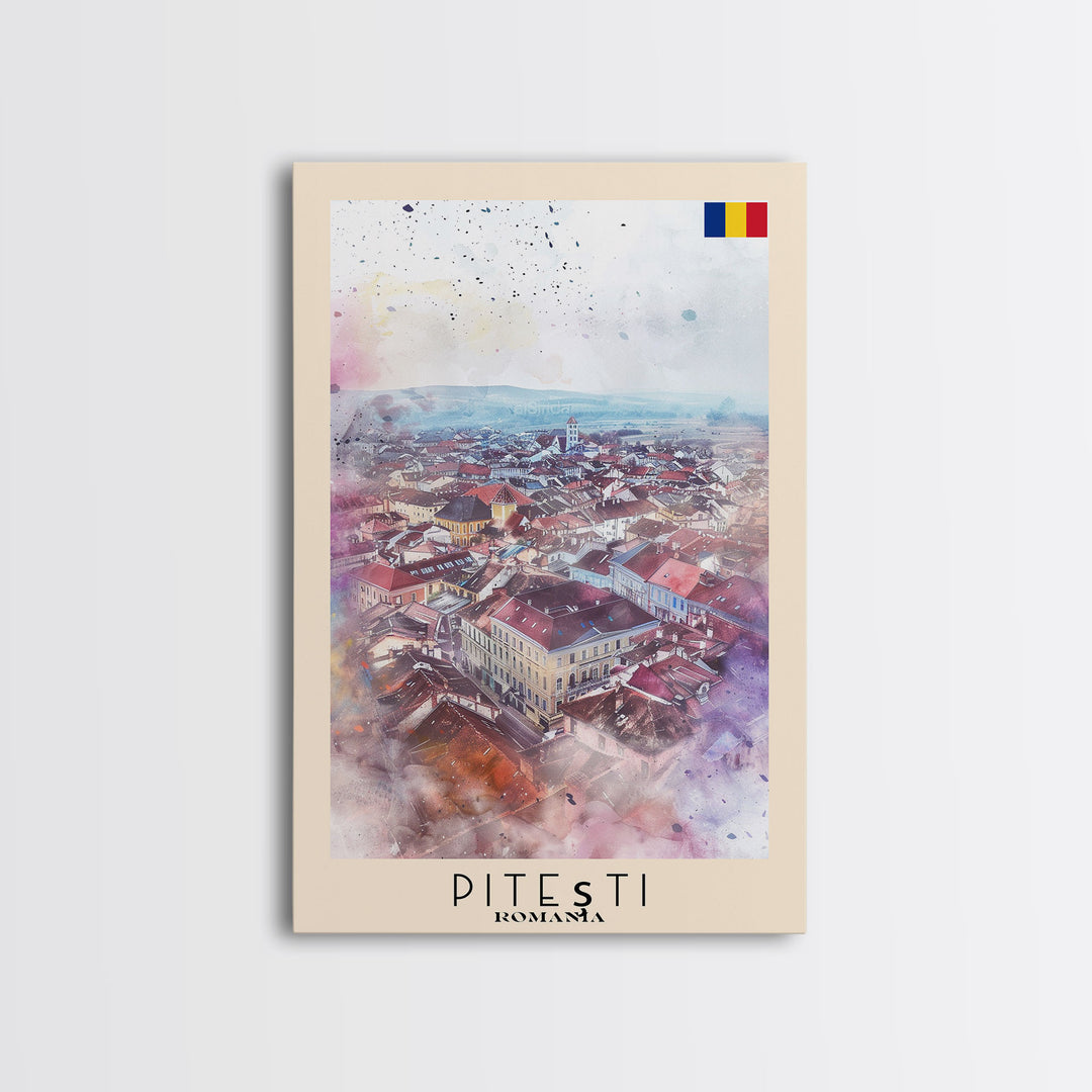 Piteti Romania Travel Poster Framed Canvas Print, Watercolor Painting, Scenic Wall Art, Home Decor, Romanian Cityscape, Classic Art