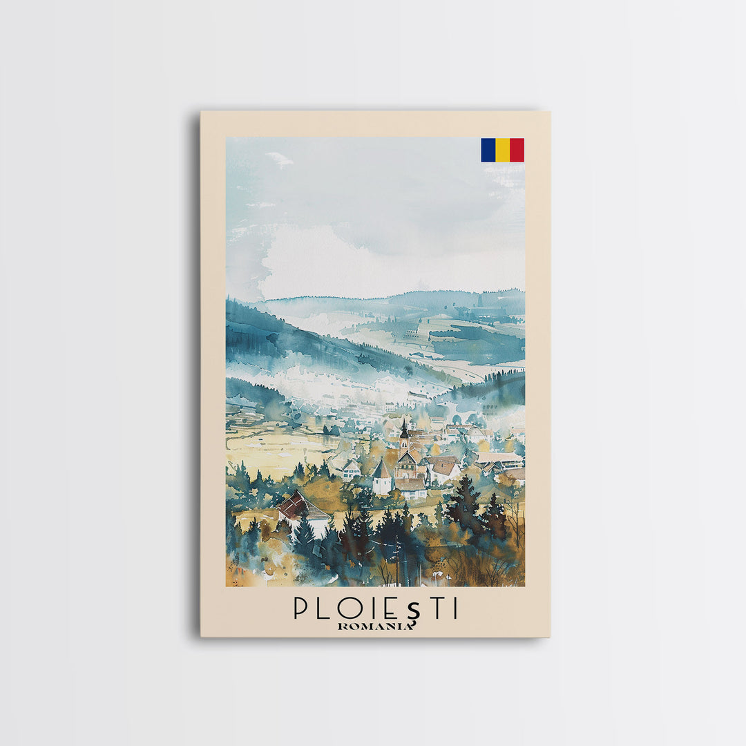 Ploiesti Romania Travel Poster Framed Canvas Print, Watercolor Painting, Scenic Wall Art, Home Decor, Romanian Landscape, Artistic Decor
