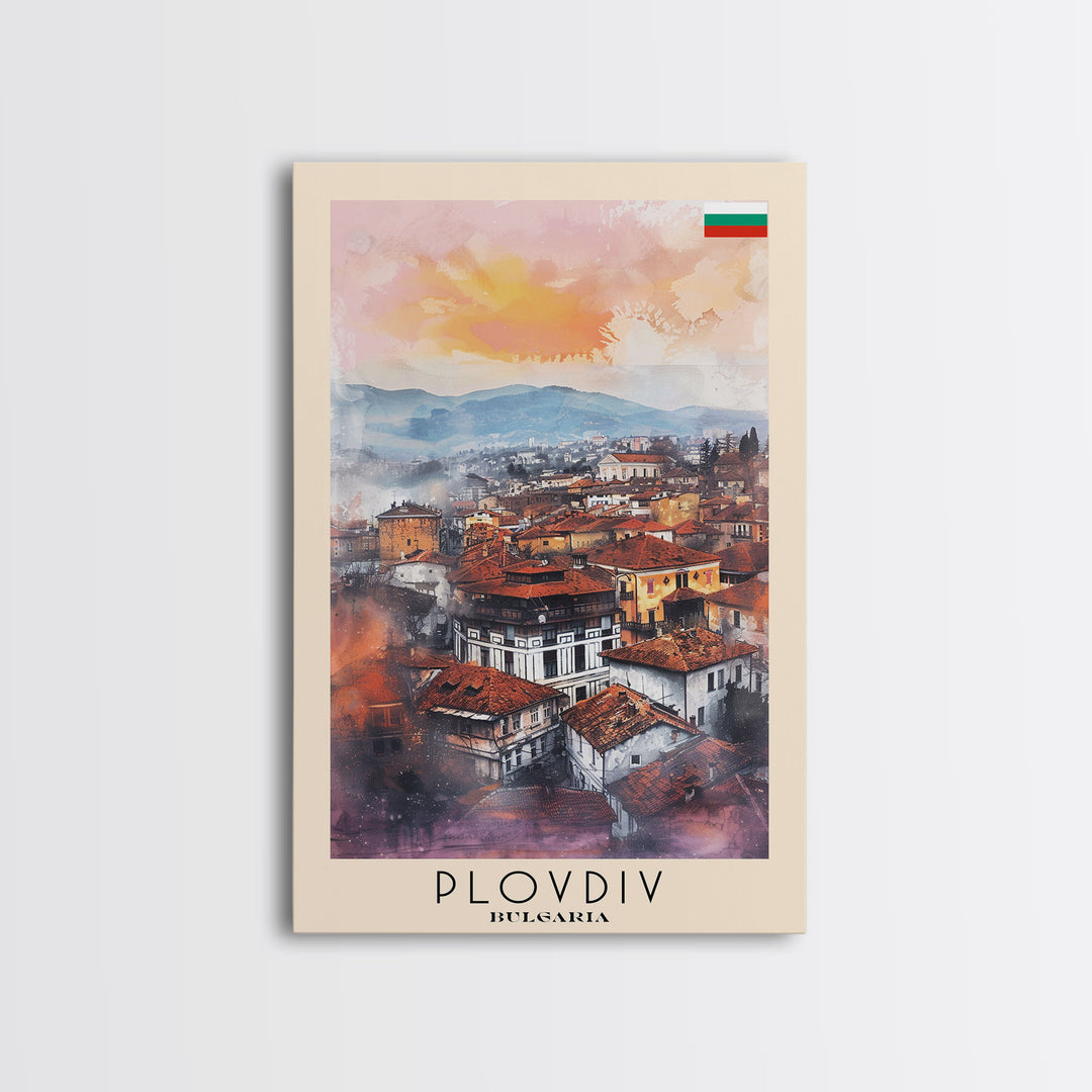 Plovdiv Bulgaria Travel Poster Framed Canvas Print, Watercolor Painting, Historic Wall Art, Home Decor, Bulgarian Cityscape, Classic Art