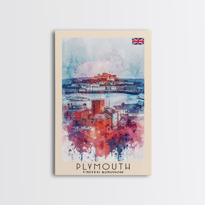 Plymouth United Kingdom Travel Poster Framed Canvas Print, Watercolor Painting, Coastal Wall Art, Home Decor, British Seaside, Modern Decor