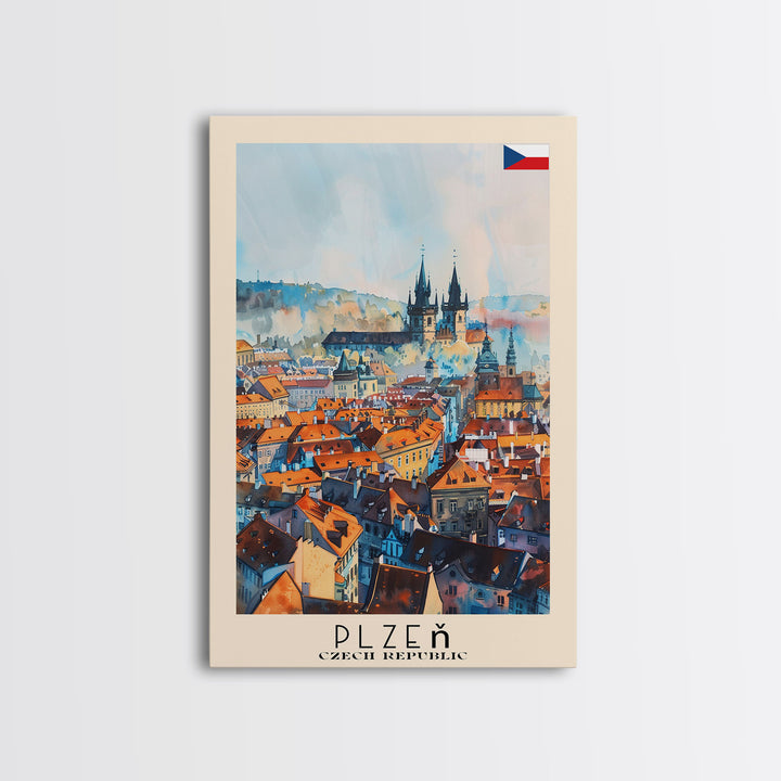 Plzen Czech Republic Travel Poster Framed Canvas Print, Watercolor Painting, Scenic Wall Art, Home Decor, Czech Cityscape, Modern Decor