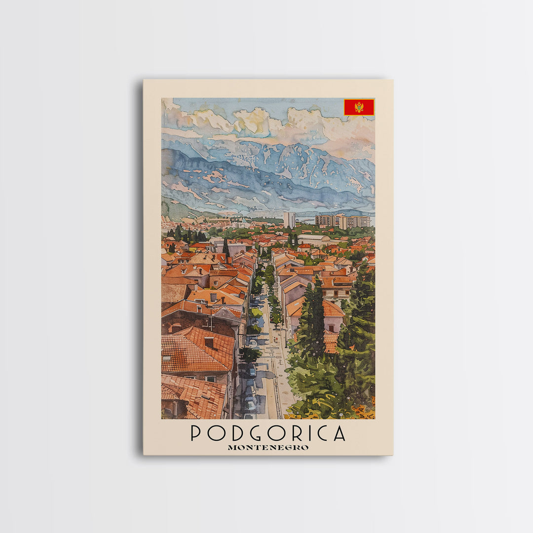 Podgorica Montenegro Travel Poster Framed Canvas Print, Watercolor Painting, Scenic Wall Art, Home Decor, Montenegrin Landscape, Artistic Decor