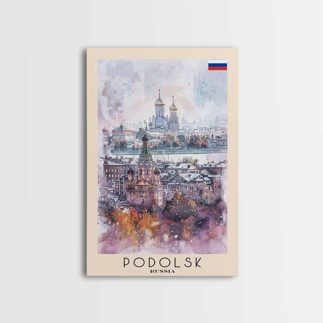 Podolsk Russia Travel Poster Framed Canvas Print, Watercolor Painting, Urban Wall Art, Home Decor, Russian Cityscape, Contemporary Art