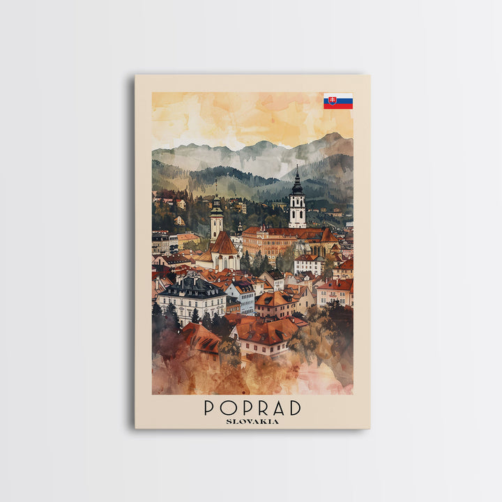 Poprad Slovakia Travel Poster Framed Canvas Print, Watercolor Painting, Scenic Wall Art, Home Decor, Slovakian Landscape, Classic Art